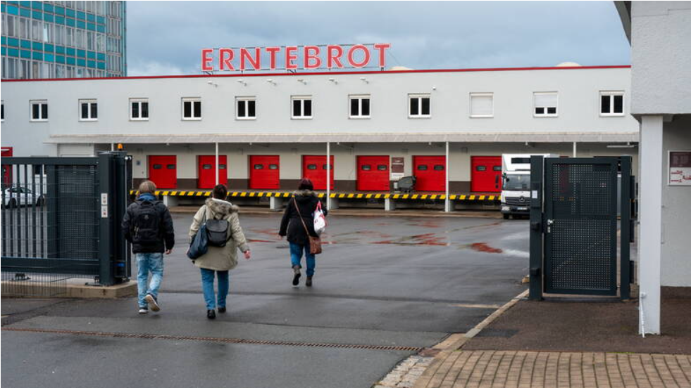 Drei Mitarbeiter sind auf dem Weg in die Produktionsstelle von "Erntebrot".