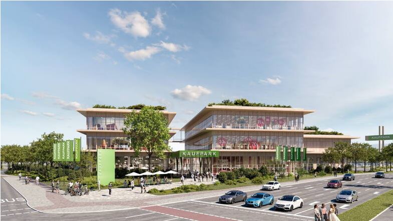 Ein Entwurf des geplanten Kaufpark Nickern mit offenen Ladenflächen, großen Fensterfronten und einem belebten Parkplatz.