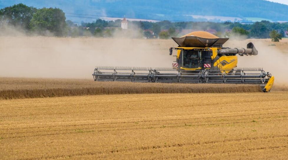 Man sieht einen Mähdrescher auf einem Feld