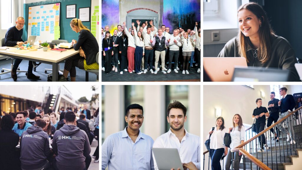 Eine Collage zeigt verschiedene Aspekte des Studienalltags an der HHL.