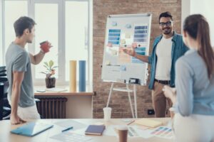 Eine Gruppe von Menschen steht an einem Flipchart.