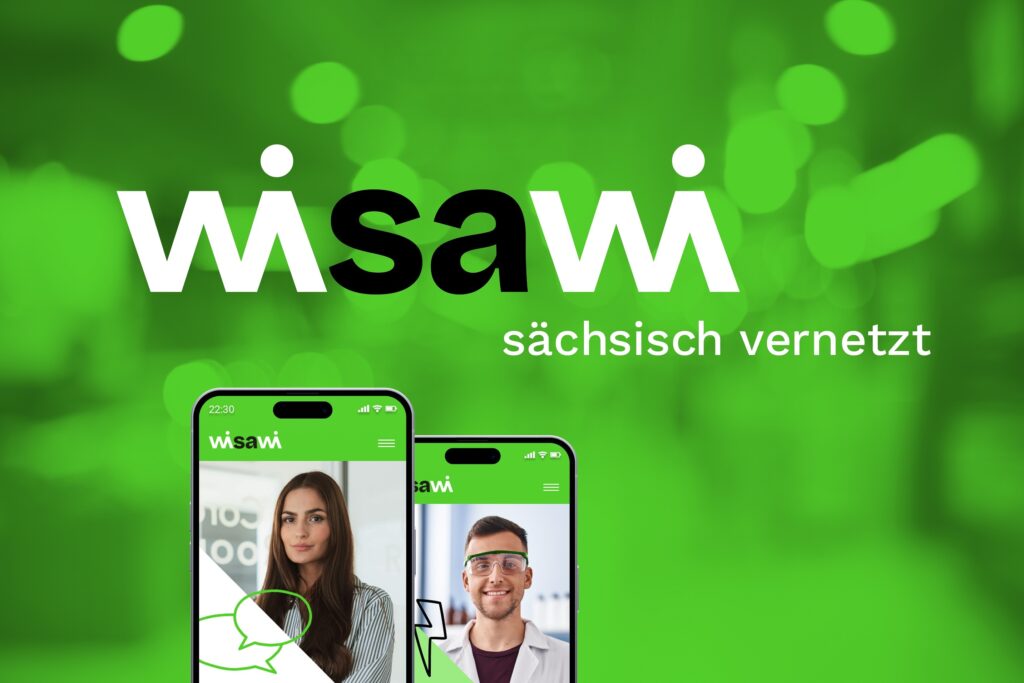 Logo der Innovationsplattform wisawi auf gr&uuml;nem Hintergrund. Zwei Personen stehen im Austausch und symbolisieren die Vernetzung von Wirtschaft, Wissenschaft und Innovation in Sachsen.
