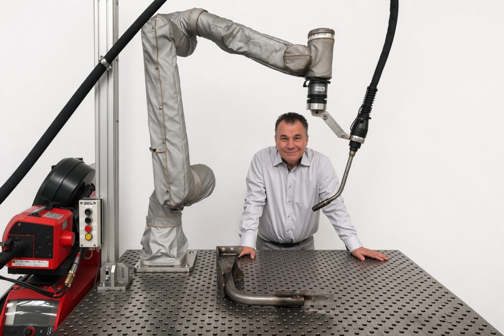 Ein Mann steht neben einem Roboterarm