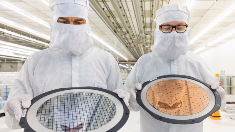 Infineon‑Mitarbeiter stehen mit 300‑mm‑Wafern im Reinraum der neuen Smart Power Fab der Infineon Technologies AG in Dresden. Am 2. Juli wird die Smart Power Fab feierlich er&ouml;ffnet. Auch wenn man es als Laie nicht erkennt, die Mikrochips, die aus den Wafern entstehen, sind unterschiedlich.
Quelle: J&uuml;rgen L&ouml;sel/dpa