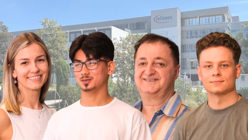 Khrystyna Nych, Ali Asghar Khodadadi, Ayad Abdul-Hak und Felix Fleischer (v.l.) arbeiten bei Infineon in Dresden.
Quelle: Matthias Rietschel, Georg Moeritz