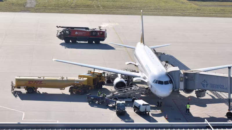 Ein Ferienflieger beim Tankvorgang am Flughafen Leipzig/Halle: Die mitteldeutschen Flugh&auml;fen erwarten in diesem Jahr einen deutlichen Passagiereinbruch. Das h&auml;ngt auch mit den Folgen des Iran-Kriegs zusammen.
Quelle: Michael Strohmeyer