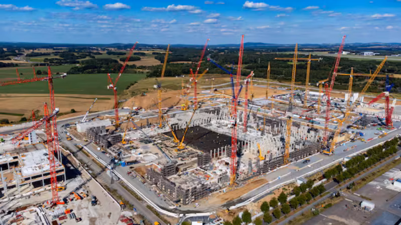 Die Baustelle f&uuml;r die neue Chipfabrik des taiwanesischen Unternehmens TSMC in Dresden &ndash; das Ballett der Kr&auml;ne ist auch gut von der nahen A4 zu sehen.
Quelle: Foto: Torsten Fiedler/Stadtentw&auml;sserung Dresden