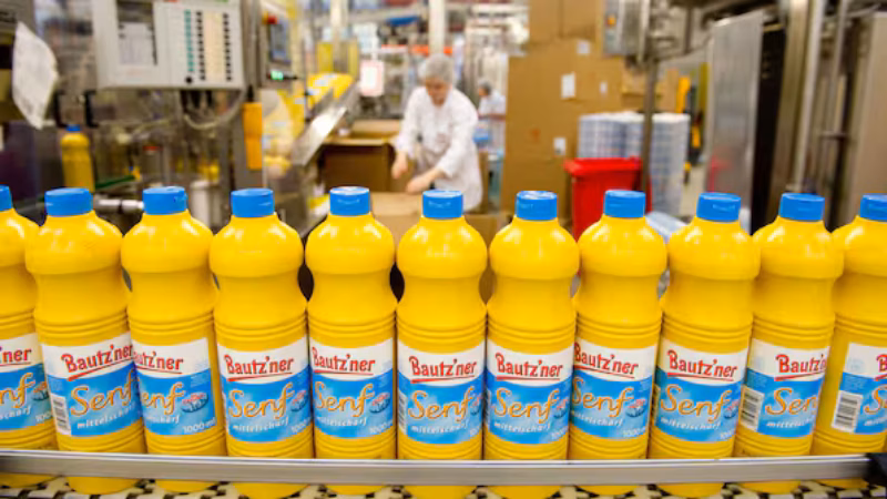 Man sieht Senfflaschen.