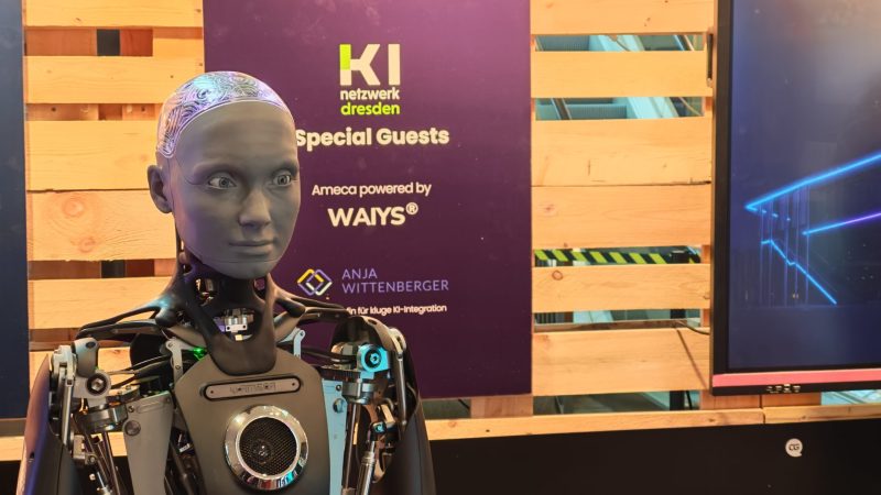 Sprechende und interagierende Roboter-Frau auf der KI-Konferenz „Brains on Silicon“ in Dresden.Foto: Heiko Weckbrodt