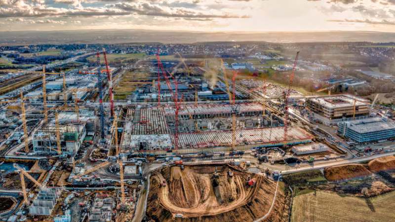 Dresdens gr&ouml;&szlig;te Baustelle: Die Mikrochipfabrik ESMC nahe dem Flughafen w&auml;chst. Rechts ist das Parkhaus zu sehen, dahinter ein B&uuml;rogeb&auml;ude, f&uuml;r das am 4. Dezember Richtfest war. Das Foto wurde von ESMC bearbeitet zur Verf&uuml;gung gestellt.
Quelle: ESMC