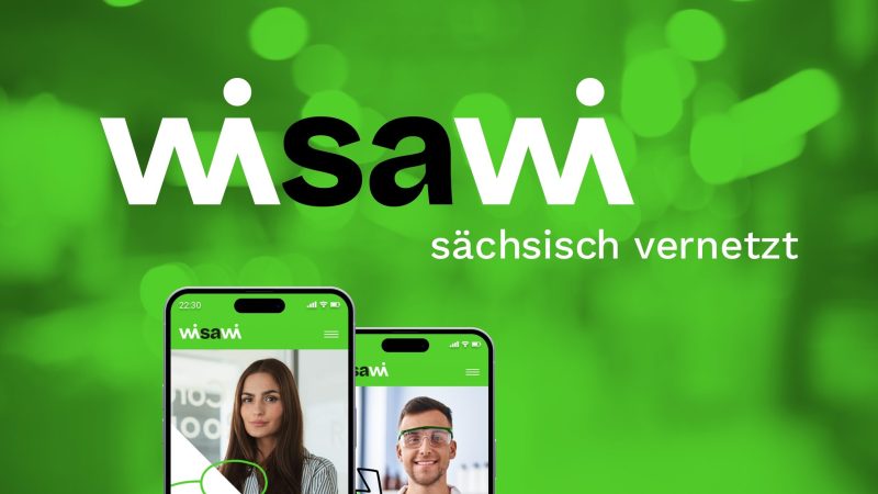 Logo der Innovationsplattform wisawi auf gr&uuml;nem Hintergrund. Zwei Personen stehen im Austausch und symbolisieren die Vernetzung von Wirtschaft, Wissenschaft und Innovation in Sachsen.